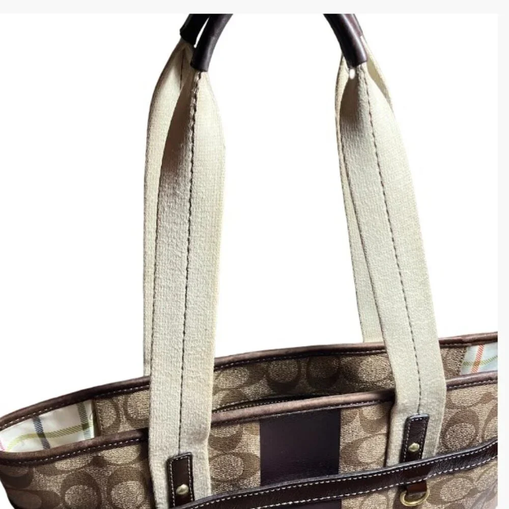 Coach Brown Signature Coated Canvas Leather Heritage Stripe Vintage Tote EUC